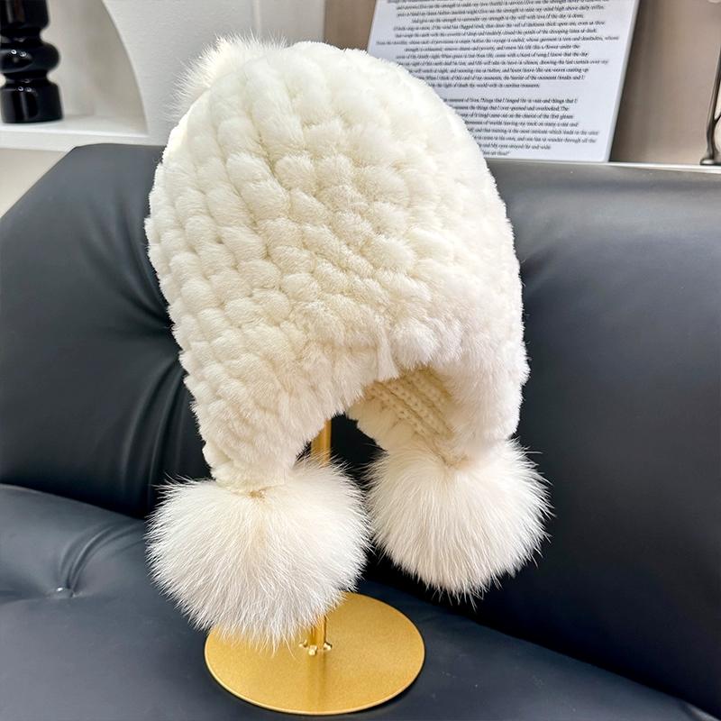 

Real Rex rabbit fur hat big fox hairball headgear knitted hat winter cold resistance warm thickened ear protection hat Adjustable бежевый