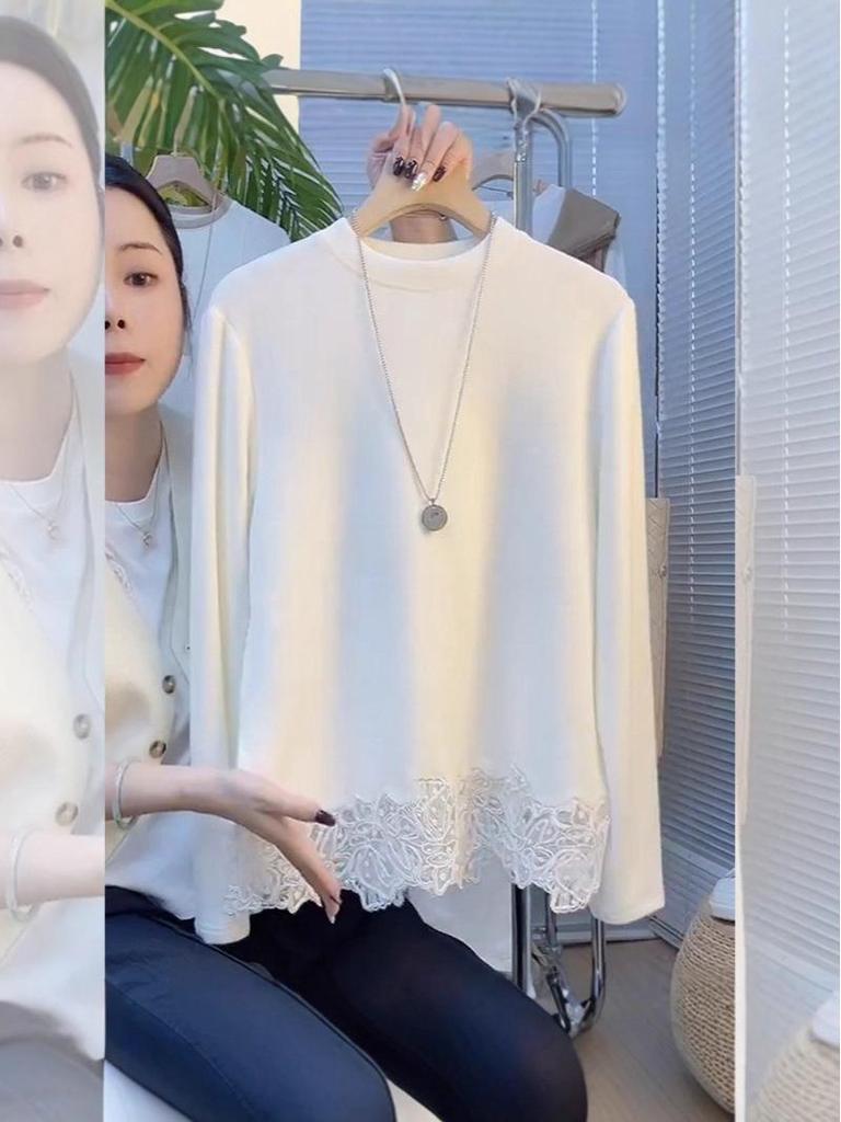 This Year's Popular Korean-Style Lace Splicing Thermal T-Shirt for Women: White Inner Layer Base Shirt Niche Top