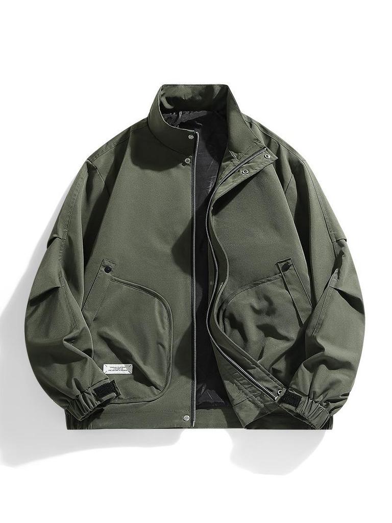 2025 Men's Stand-Collar Solid Color Jacket: Hong Kong Style, Casual Plus Size, Thin Military-Industrial Coat
