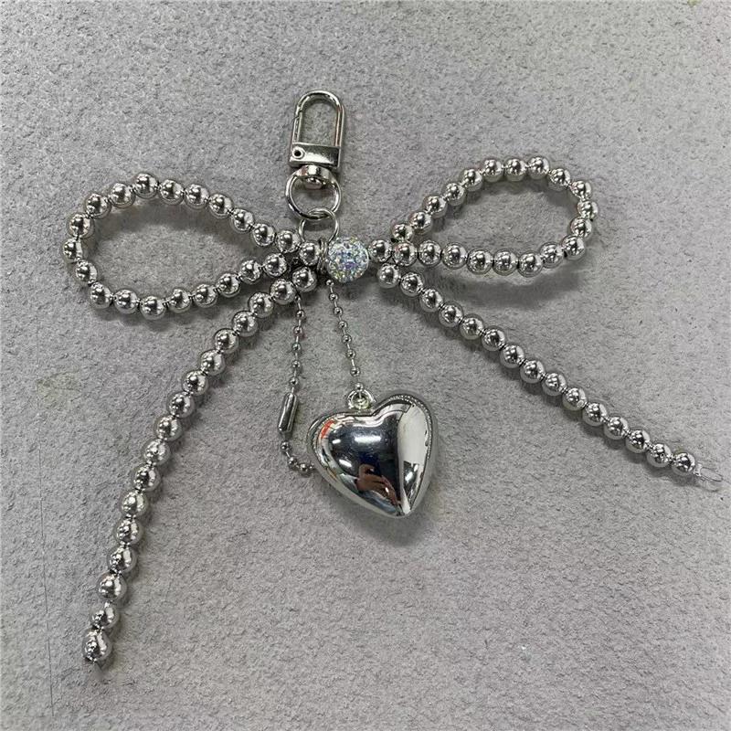 Bowknot Heart Bag Pendant Beaded Silver Bow Handbag Backpack Decoration For Bags Accessories AVE