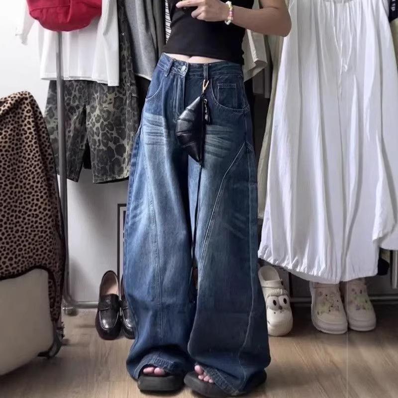 American Retro High-Waist Wide-Leg Jeans - Women s Summer Curved Blade Washed Pants Extra Large