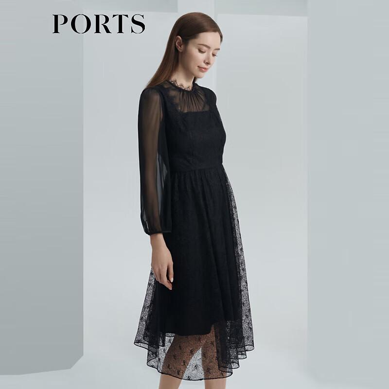 PORTS Women's Mesh Pleated Long Sleeve V-Neck Dress