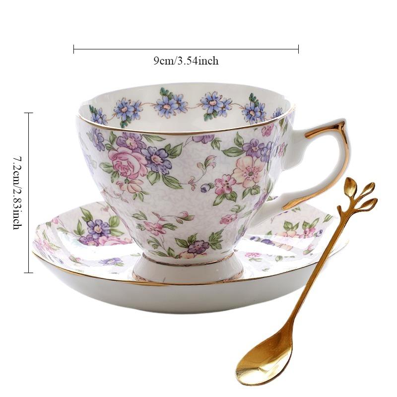 Bone China Cup and Saucers 180ml - Purple Pink Floral Practical Coffee Cup with Gold Trim Elegant Dining Tableware, 1 Set