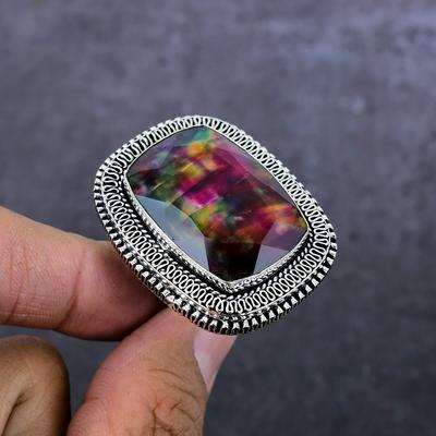 Χειροποίητο πολύτιμος λίθος Ammolite Δαχτυλίδι κοσμήματος από ασήμι 925, Μέγεθος 9 l4f94