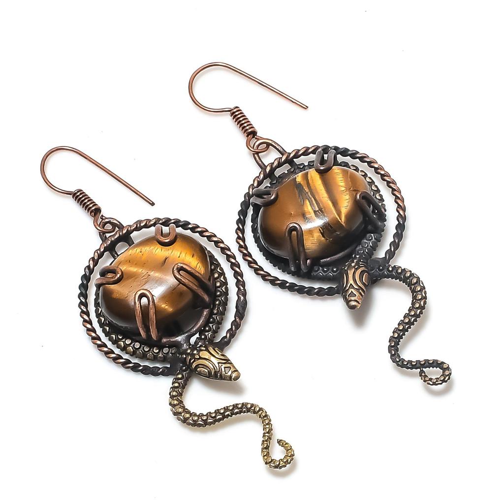 Tiger's Eye 999 Copper Wire Wrapped Earrings, Handmade Gemstone Earrings, Gift For Mom Antique Jewelry