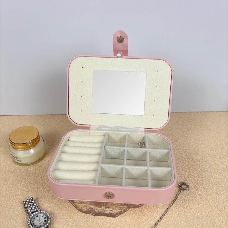 Travel Jewelry Storage Box with Mirror Solid Color Simple Earrings Ring Necklace Jewelry Box Double Layer Household Jewelry Box