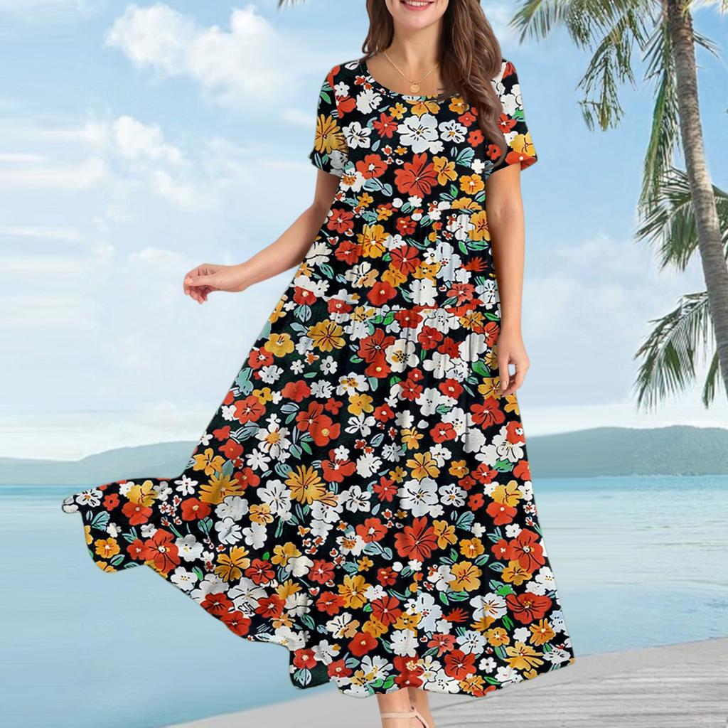 Women's Casual Loose Bohemian Floral Print Short Sleeve Dress