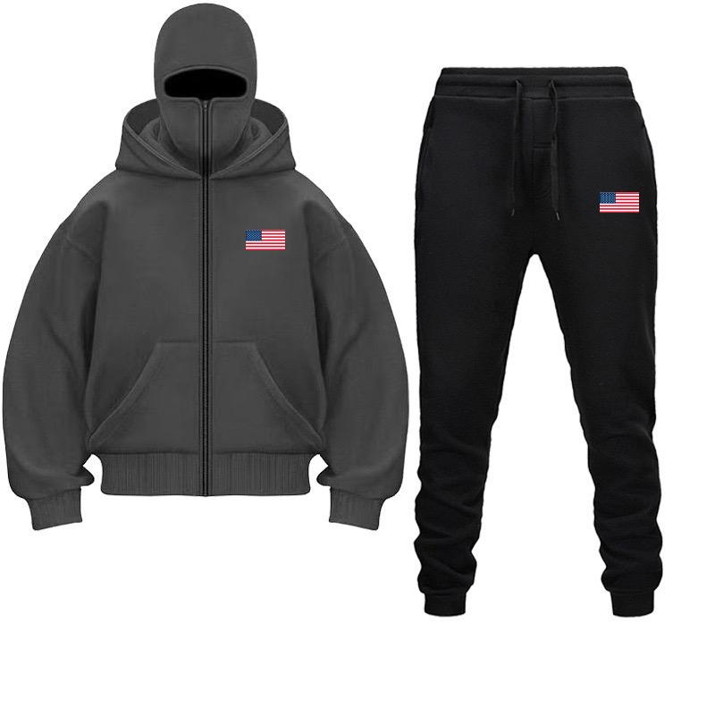 USA Hat Hoodies Pants Set Autumn Winter Balaclava Hooded Sweatshirt Trendy Hip Hop Men Women Couple Face Mask Zipper Hoodie