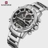 Mens Multifunctional Double-Display Watches Date Stainless Steel Watchband LED Luminous Mode Waterproof Wrist Watch