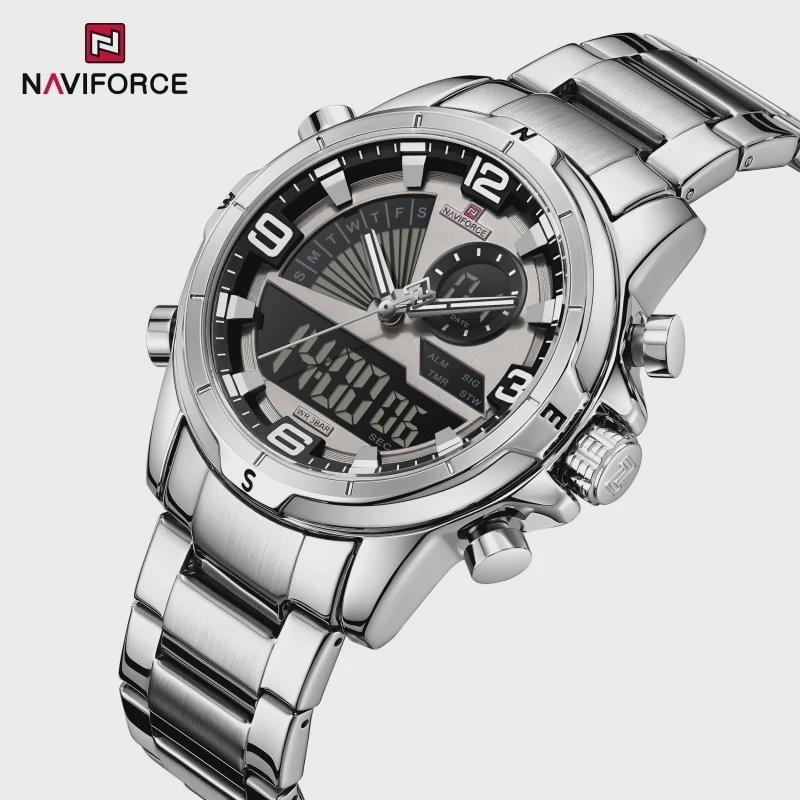 Mens Multifunctional Double-Display Watches Date Stainless Steel Watchband LED Luminous Mode Waterproof Wrist Watch