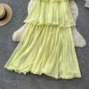 French neck sleeveless ruffle edge dress women's summer high waist cake skirt holiday style temperament long dress