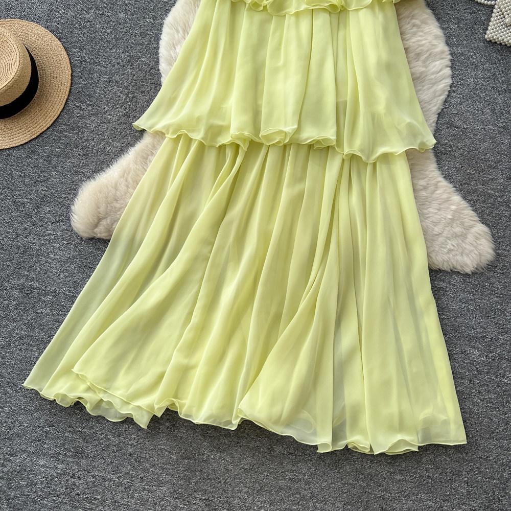 French neck sleeveless ruffle edge dress women's summer high waist cake skirt holiday style temperament long dress