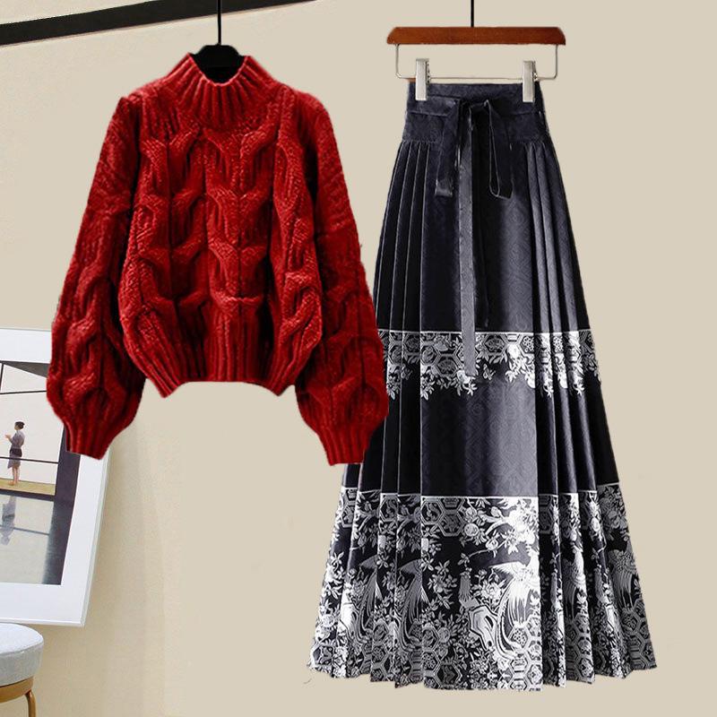 2024 Winter New Year Hanfu Set: Thick Sweater & Horse Face Skirt