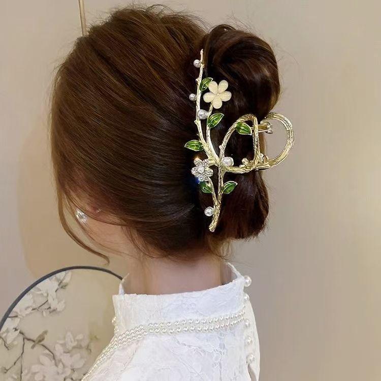 1PC Large Shark Clip with Flower Branches – Women’s Temperament Hairpin for Thick Hair, Back-of-Head Grip