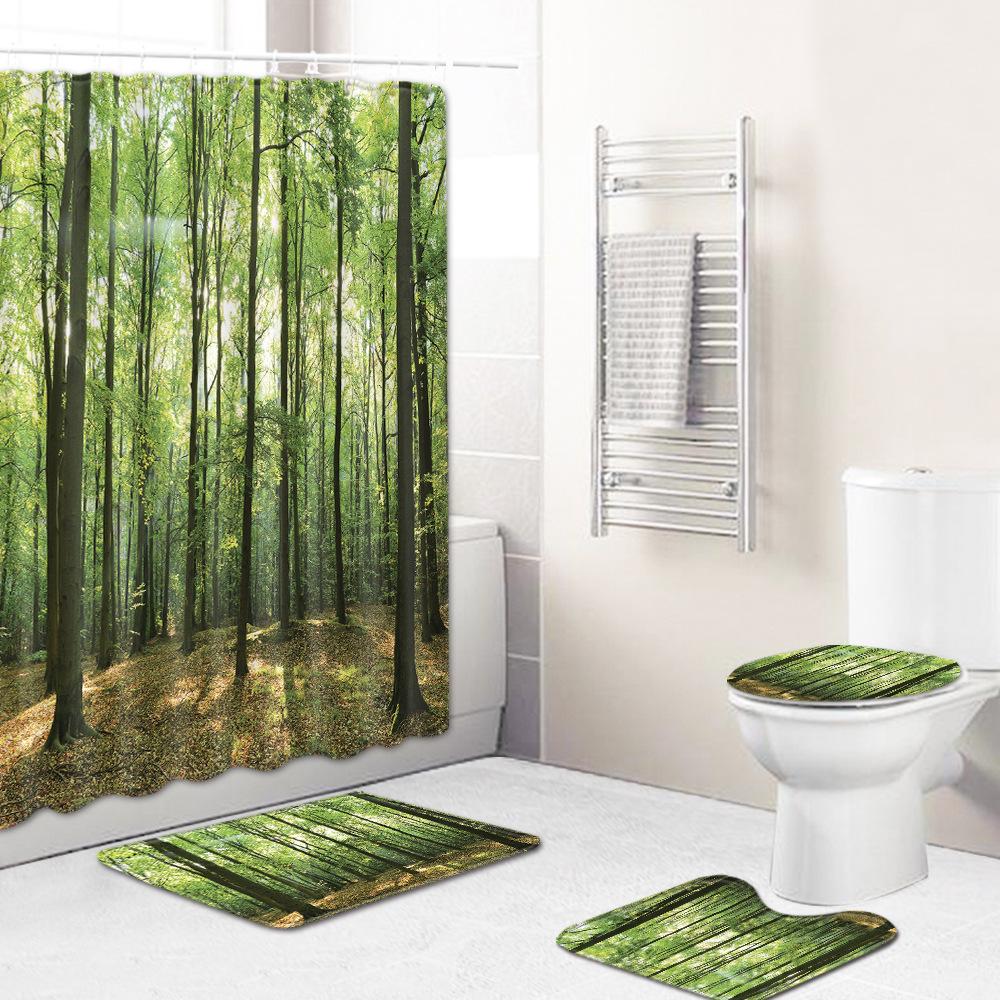 Home Waterproof Print Shower Curtain 4 Piece Carpet Cover Toilet Cover Bath Mat Pad Set Bathroom Curtain Bathroom Decoration