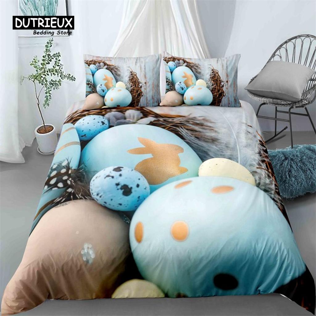 Soft Easter Eggs Print Duvet Cover Happy Easter Cartoon Rabbit Toddler Bedding Sets Twin King Queen Size Microfiber Quilt Cover