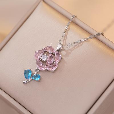 Pink Crystal Zirconia Rose Pendant Necklace for Women Trendy Hypoallergenic Stainless Steel Chain Jewelry Wedding Engagement Party Accessories