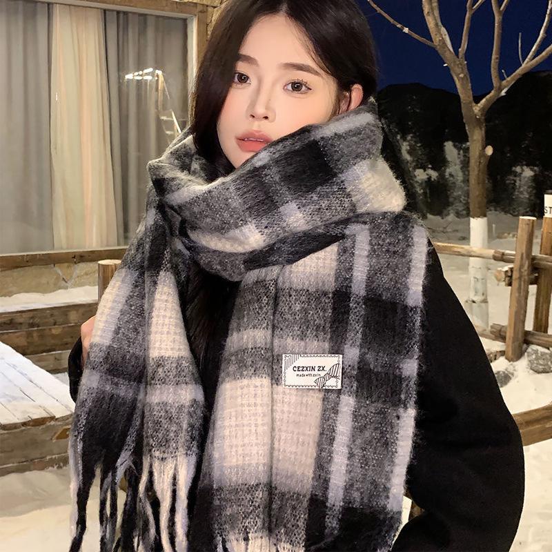 Korean Style Plaid Mohair Scarf - Women's Winter Imitation Cashmere Shawl