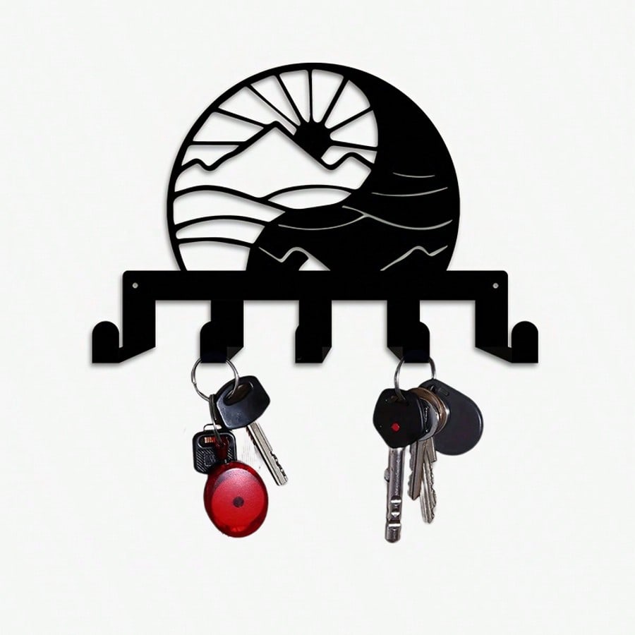 Zen Yin Yang Moon Key Holder Heavy Iron Metal Wall Art 5 Hooks Asian Decor Gift