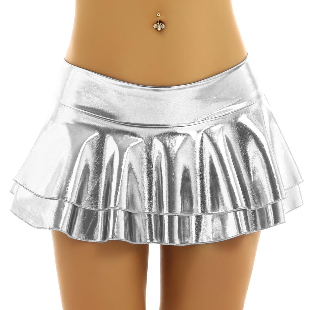 Women Low Rise Double Layered Ruffled Skirt Shiny Metallic Mini Skirt for Rave Party