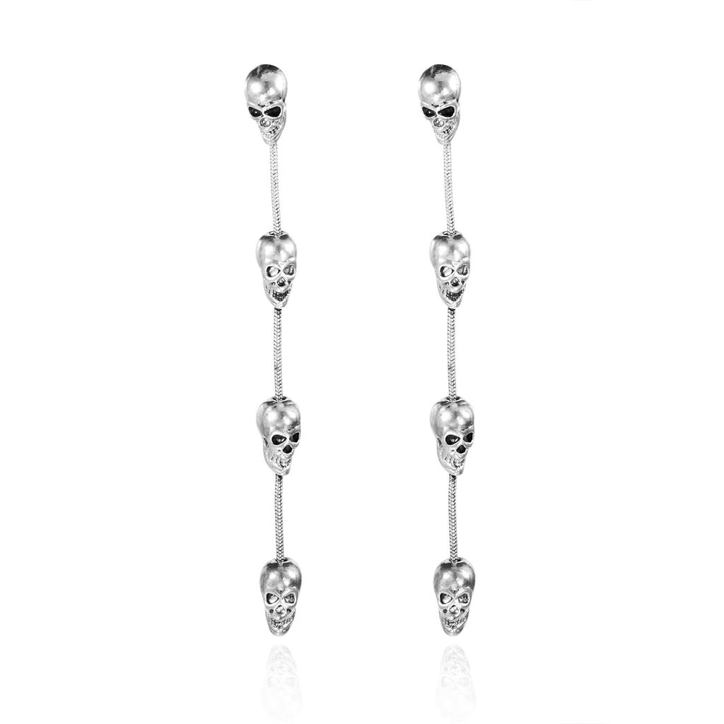 Halloween Long Tassel Skull Head Hanging Earrings for Women Vintage Silver Color Moon Skeleton Drop Earring Girls Party Jewelry