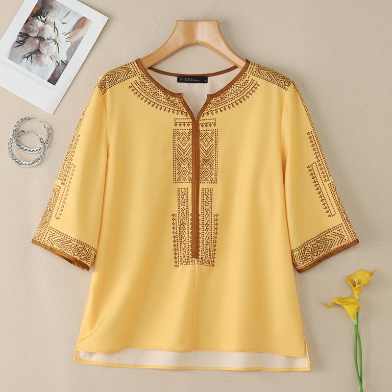 ZANZEA Women Casual V-Neck 3/4 Sleeve Loose Print Blouse