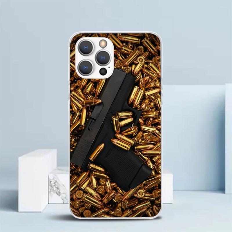 Gun Bullets AK47 Handgun Soft Cover for iPhone 16 17 Air 15 14 Pro Max 16E Phone Case 13 Mini 12 11 7 SE 8 Print Pattern Fit Cas