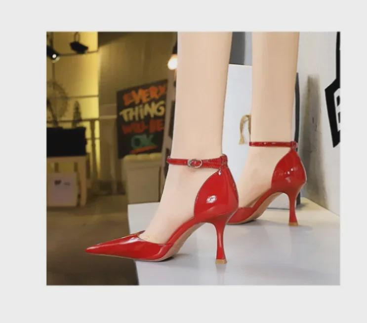 European & American High Heel Pointed Patent Leather One-Strap Sandals with Sexy Hollow Design