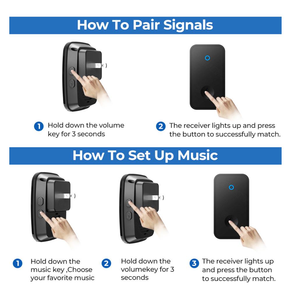 HOMLLY Self-Powered Wireless Waterproof Electric Door Bells with 60 Chimes & 5-Level Volume LED Flash