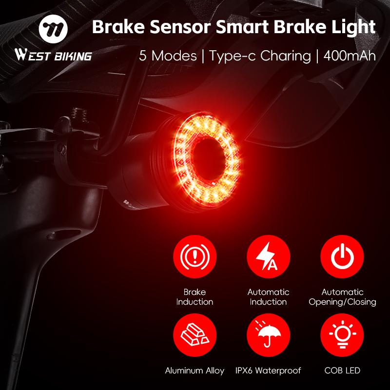WEST BIKING Bicycle Rear Light Intelligent Brake Sensing Taillights High Visibility Type-C Rechargeable Bike LED Rear Light2