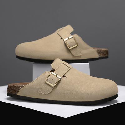 Men Slippers Non-slip Closed Toe Shoes Buckle Decor Male Suede Leather Clogs Sandals
