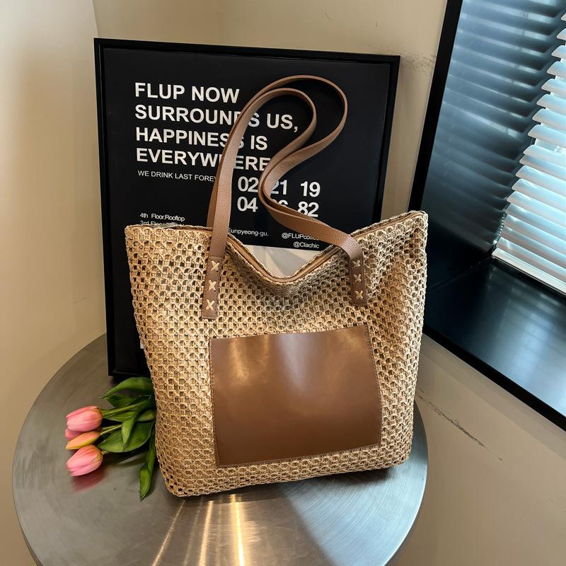 

Пляжная соломенная плетеная сумка в праздничном стиле женская 2025 лето новая персонализированная ажурная сумка на плечо большой вместимости для поездок на работу коричневый