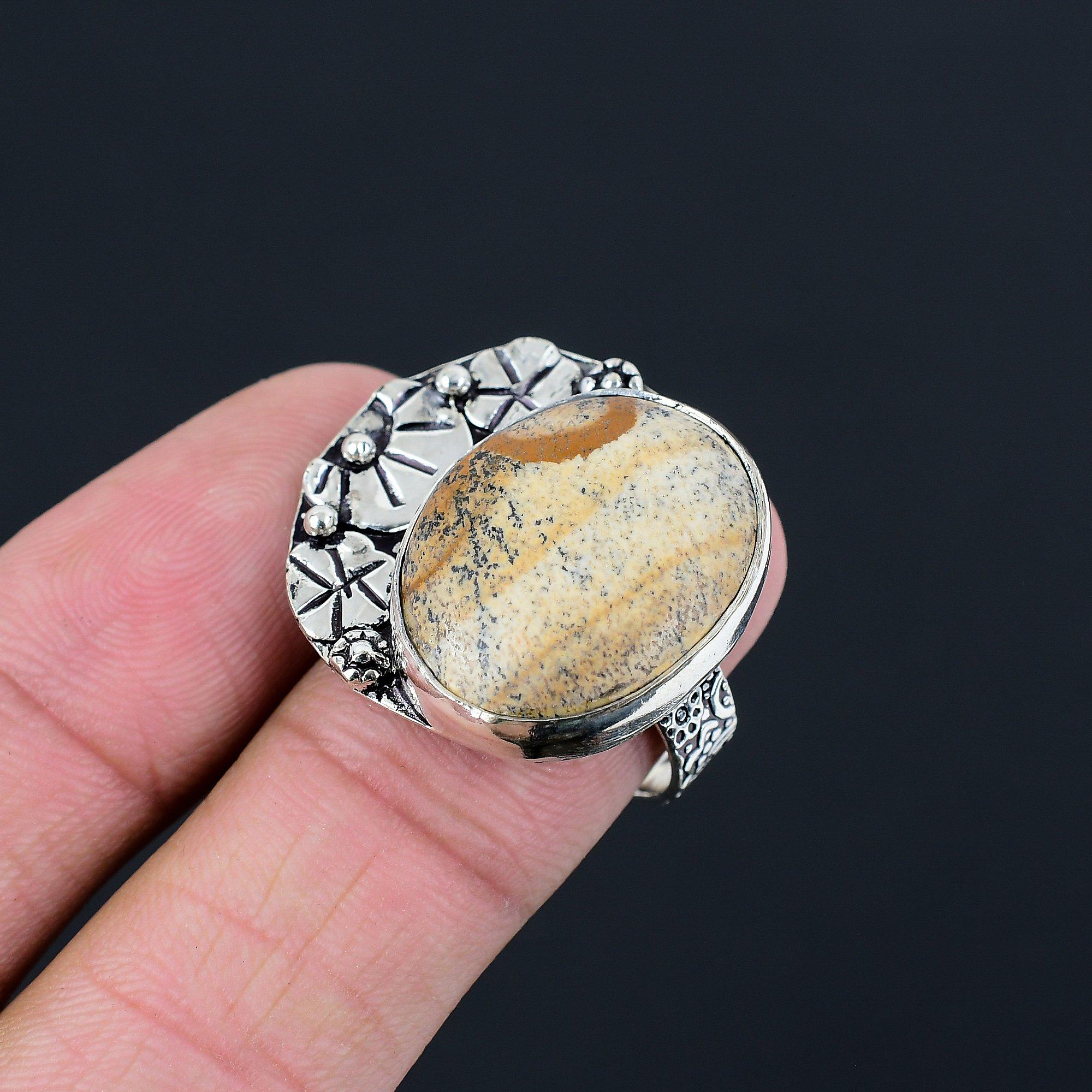 925 Sterling Silver Oval Picture Jasper Stone Statement Boho Ring Jewelry US 8 8