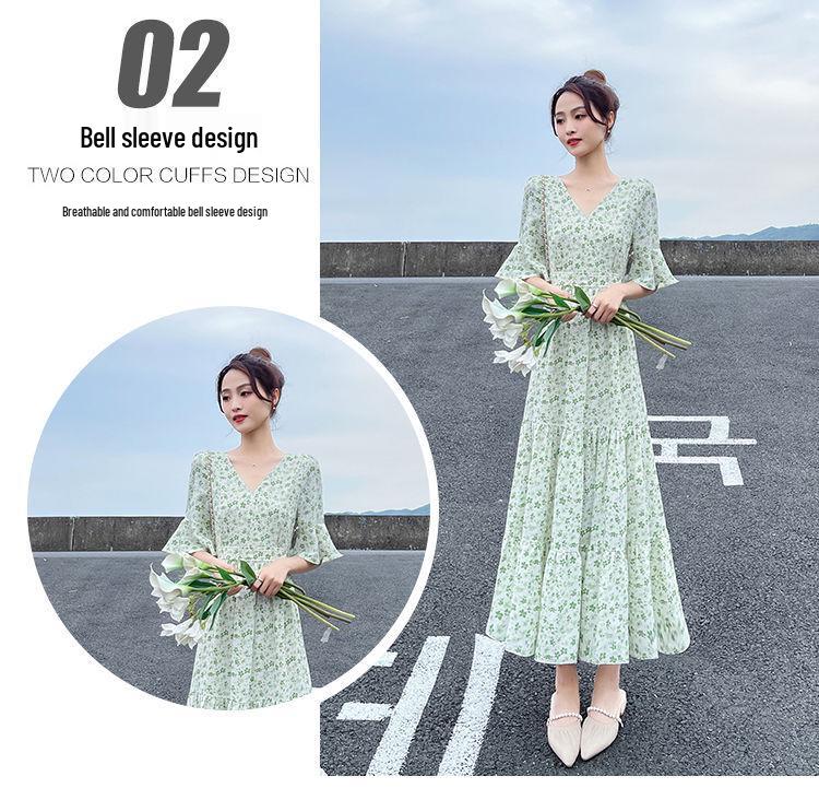 Women's Summer 2024 Floral French Retro Chiffon Long Dress - Over-the-Knee Cake Skirt