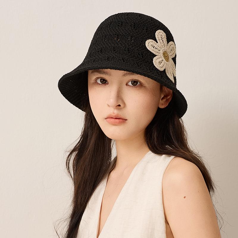 Summer Women's Crochet Bucket Hat Floral Hollow Knit Fisherman Hat Outdoor Travel Sunshade Cap Foldable Soft Beach Hat 2026 New