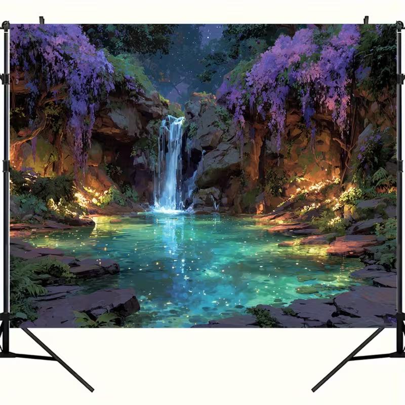 2D Enchanted Waterfall Backdrop Glowing Lake Wedding Photography Background