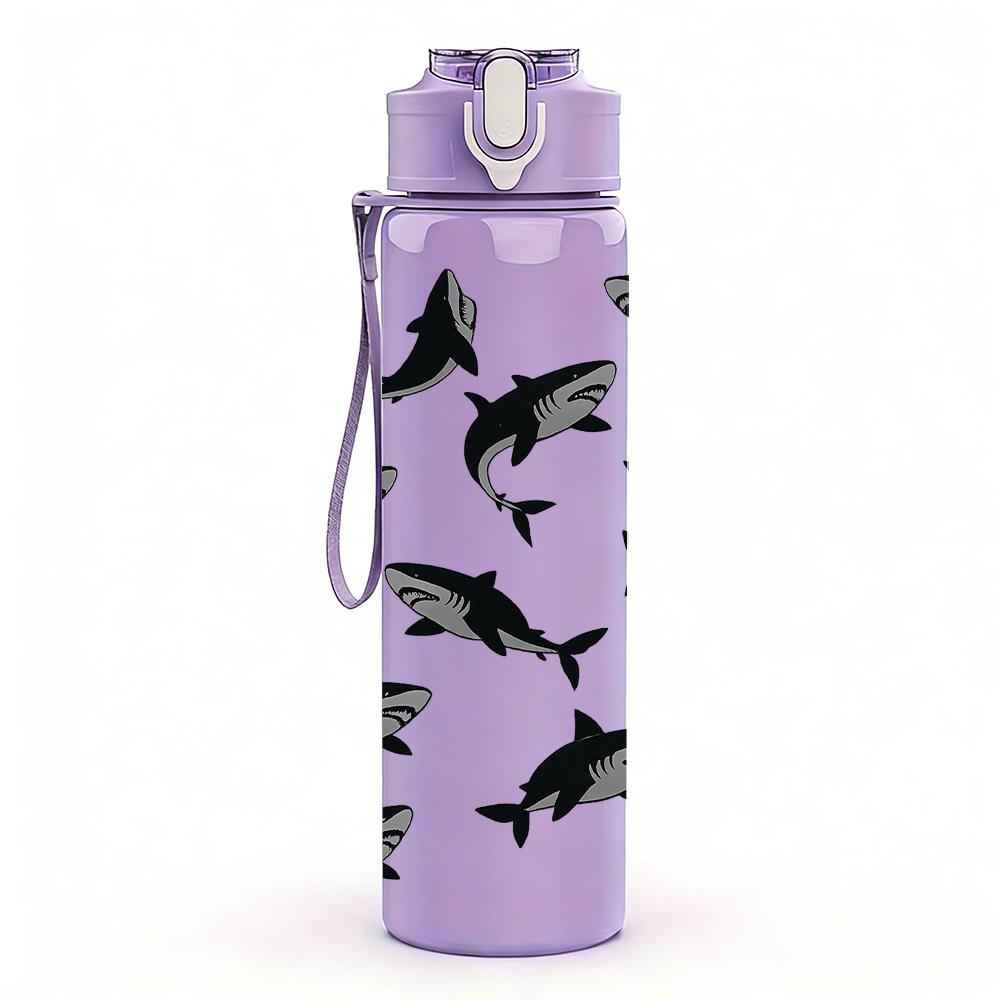 1 Stück Schwarzer Wildfisch-Flock 750ml Farbige Kunststoff-Wasserflasche Auslaufsicherer Klappdeckel mit Strohhalm Für Sport, Büro, Zuhause