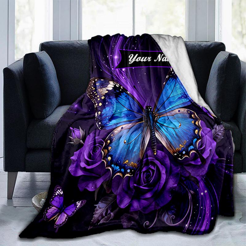 1PC Custom Name Butterfly Roses flannel blanket versatile,all-season throw suitable for the living room,bedroom,camping,travel,and gift