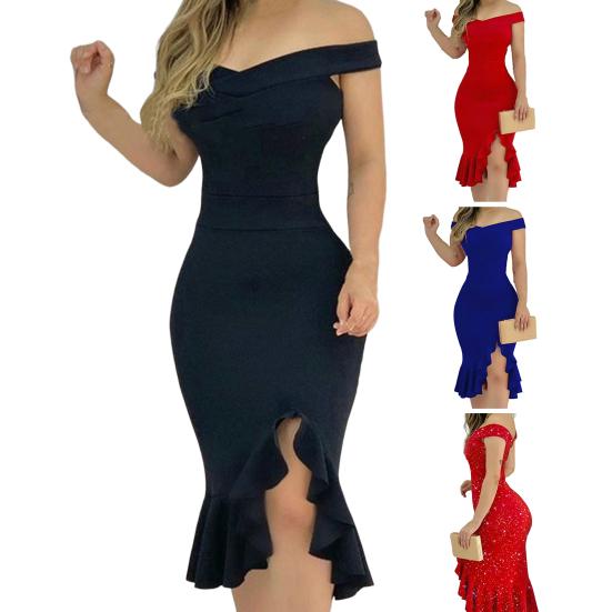 Women Prom Dress Solid Color Ruffle Split Off Shoulder Sleeveless Dress-up Slim