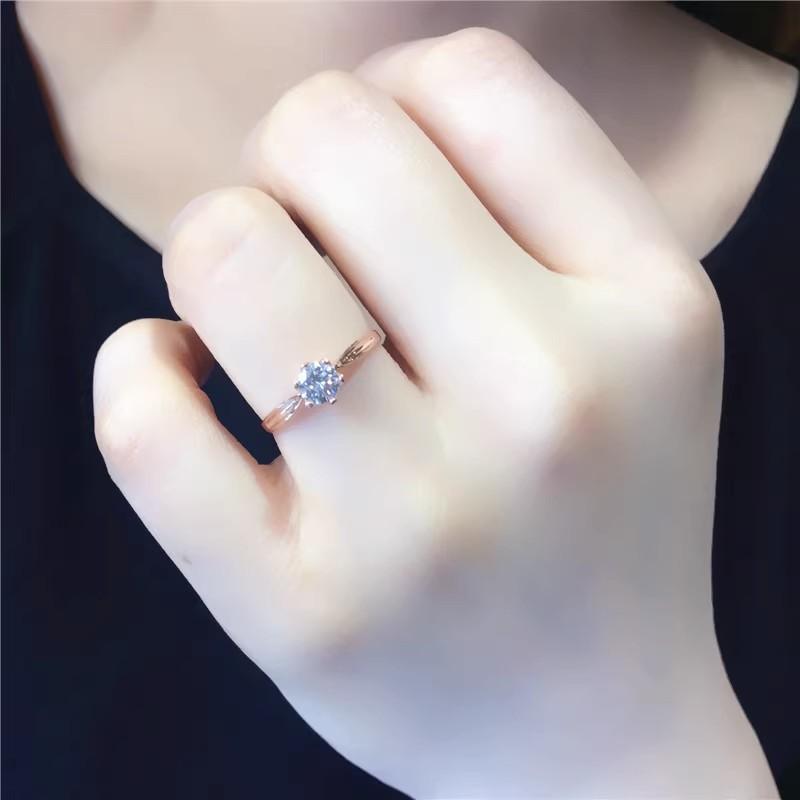 Purple Gold Zircon Ring, Simple Diamond-Set Wedding Ring, Rose Gold-Plated 6-Claw Adjustable Ring.