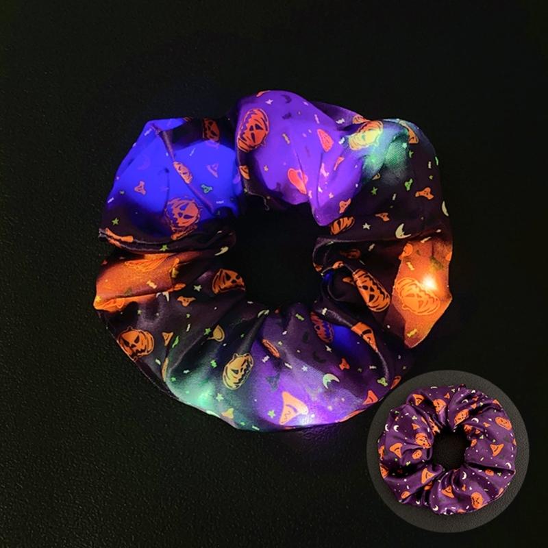 Glowing Pumpkin Hair Ties French Scrunchie Halloween Skull Pumpkin Bat Halloween Hair Style Tool Scrunchie