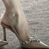 Super High Heel Sandals Spring New Pointed Head Shallow Mouth Crystal Buckle A Line with Anti-slip Wear-resistant High Heels