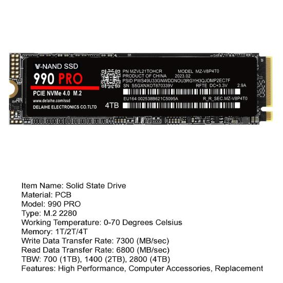 990 PRO PCIe 4.0 M.2 NVMe SSD Speed Up To 7300MB/s Read 6800MB/s Write 1/2/4TB Internal Solid State Drive for PC Laptop Desktop Computer