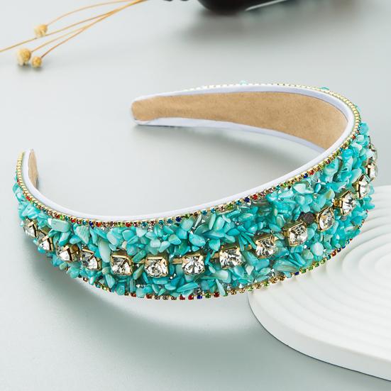 Women Headband Mini Stone Decor Rhinestone Rich Colors Wide Band Elastic Hair Decoration Anti-slip Turquoise Dating Hair Hoop Hair Accessories