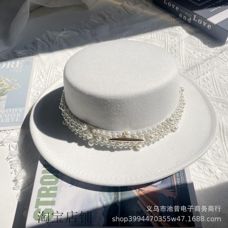 White Pearl Flat Top Woolen Top Hat Female Autumn and Winter British Retro Socialite Elegant French Wide Brim