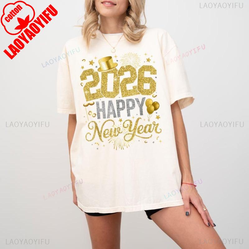 2026 Happy New Year Shirt Gold Glitter Party Tee Festive Celebration Top Sparkling Holiday T Shirt New Year Countdown Outfit