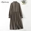 Japanese Mori Girl Spring Autumn Women Corduroy Dress Stand Collar Khaki Black Baggy Dress Oversized Plus Size Midi Lace Patchwork Dress