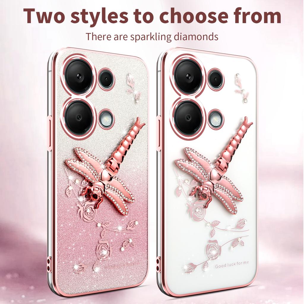 For Xiaomi Redmi Note 13 Pro 4G/Poco M6 Pro 4G Case Dragonfly Kickstand TPU Flowers Glitter Phone Cover