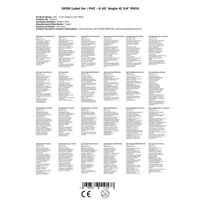 Coude PVC 45 Degrés, Filetage Intérieur 3/4 Pouce, PN10