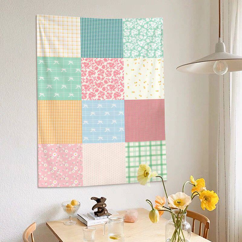 

Ins Style Floral Plaid Patchwork Simple Korean Print Tapestry Aesthetic Wall Hanging For Bedroom Decor Background Cloth 74x94cm(29x37in)